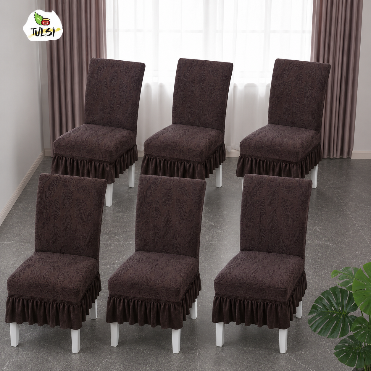 Tulsi Elasticated Jacquard Dining Chair Covers with Ruffle - Set of 6 | FRILL CHAIR COVERS (6 PIECES)