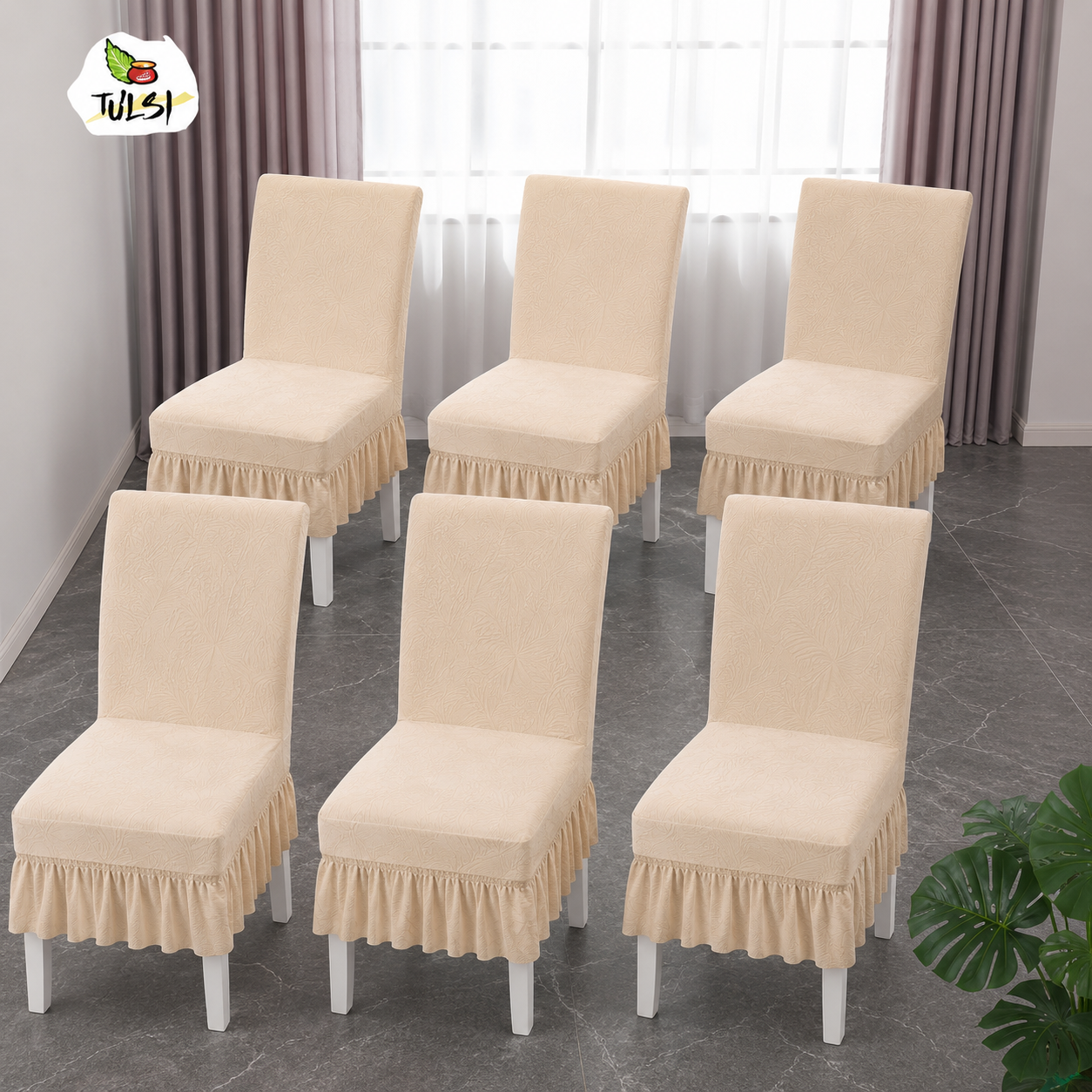 Tulsi Beige Ruffled Stretchable Dining Chair Covers Set of 6 | FRILL CHAIR COVER SET (6 PIECES)