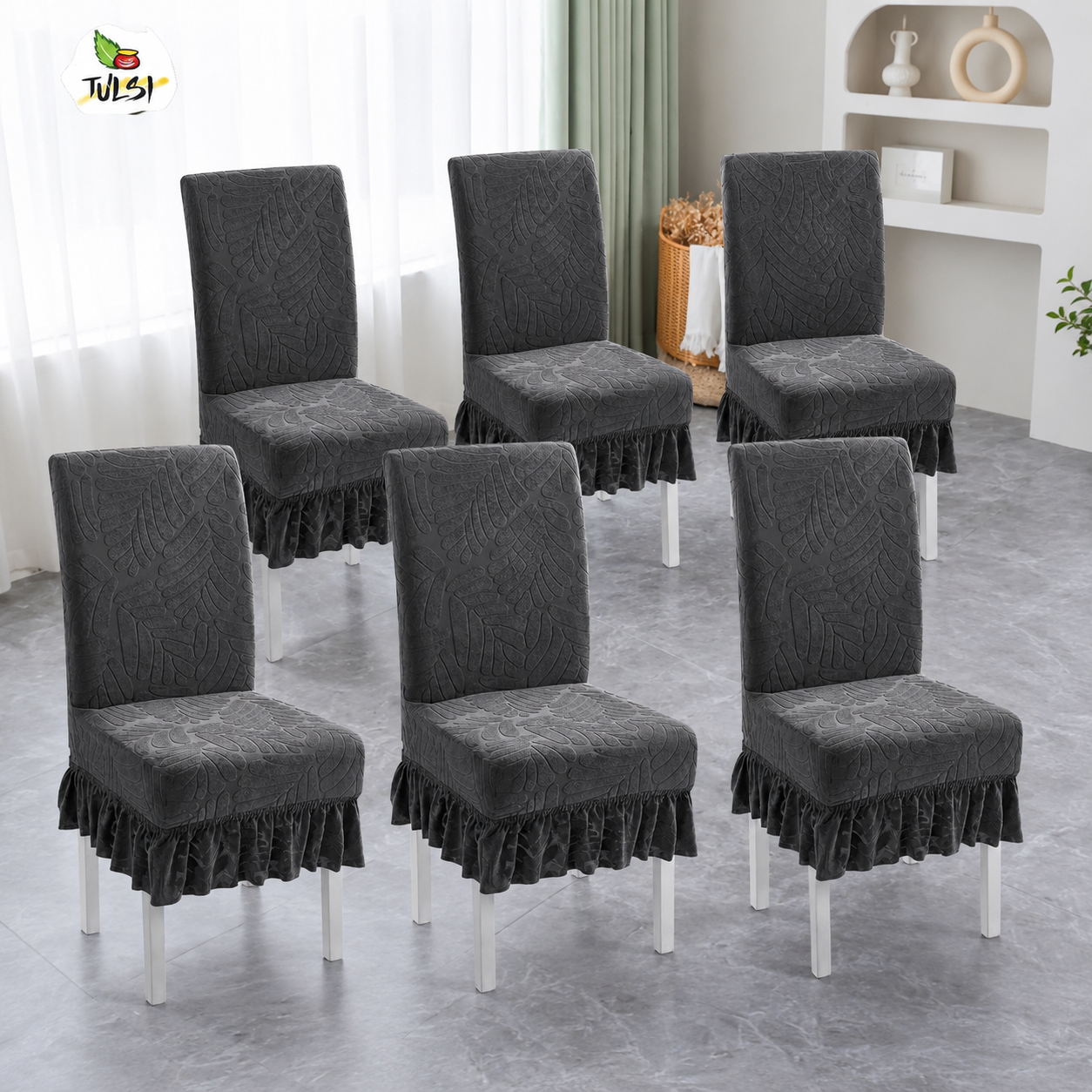 Tulsi Dark Grey Jacquard Leaf Dining Chair Covers with Ruffled Skirt - Set of 6 | FRILL CHAIR COVERS (6 PIECES)
