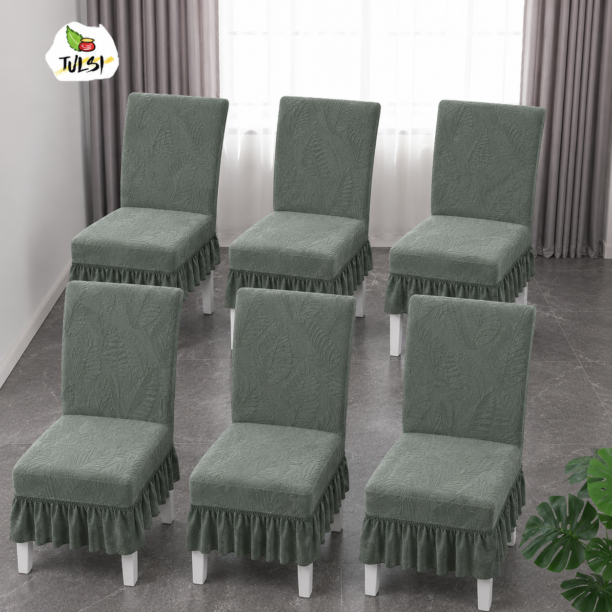 Leaf Patterned | serene olive green tone | Dining Chair Covers with Ruffle - Set of 6 | FRILL CHAIR COVERS (6 PIECES)