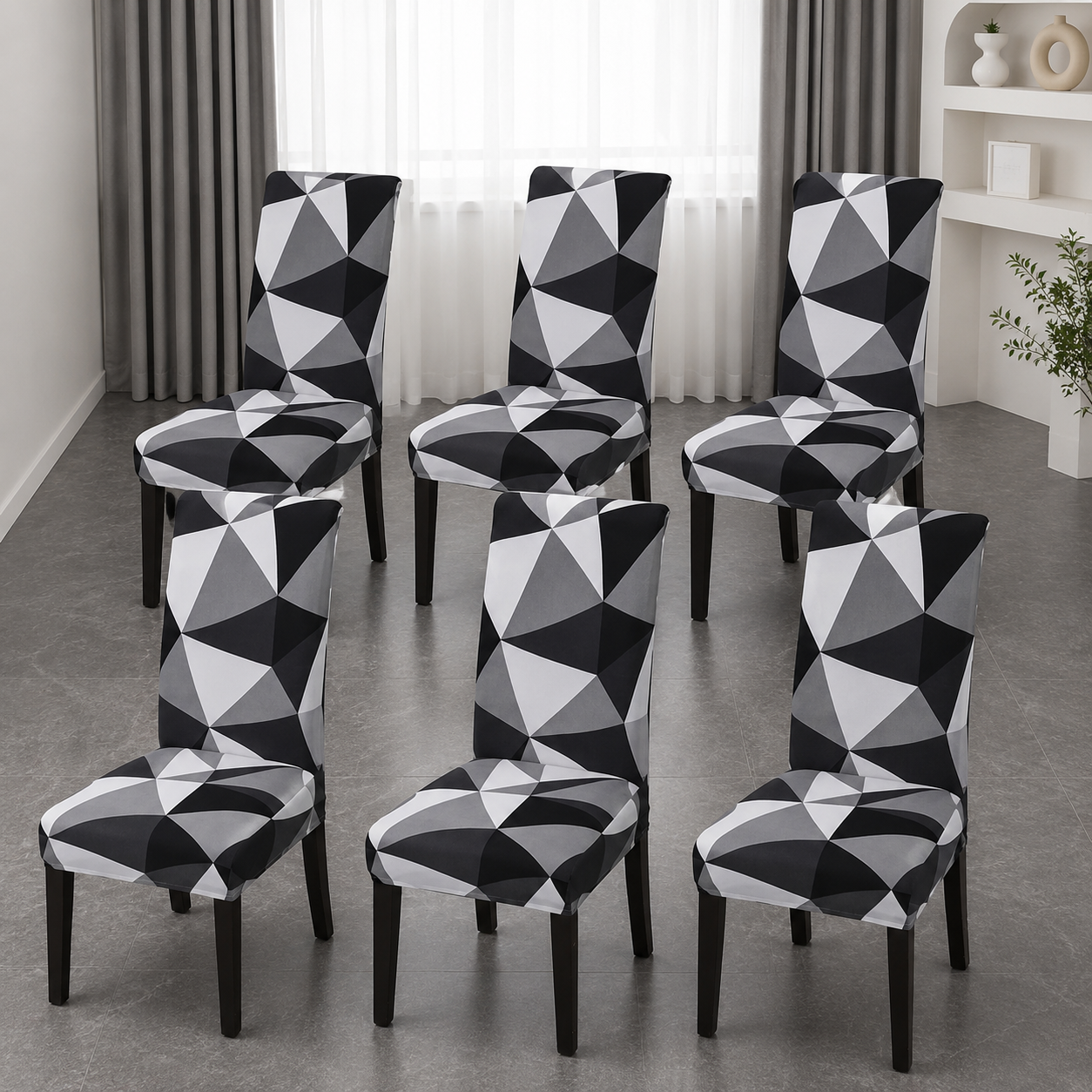 Modern Geometric Printed | striking black, grey, and white triangular pattern | Stretch Dining Chair Covers Set of 6 | CHAIR COVERS (6 PIECES)