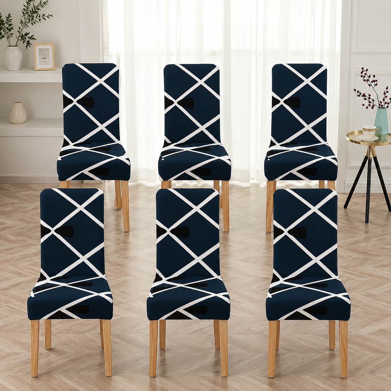 Geometric Navy Blue Stretch Dining Chair Slipcovers - Set of 6 | CHAIR COVERS (6 PIECES)