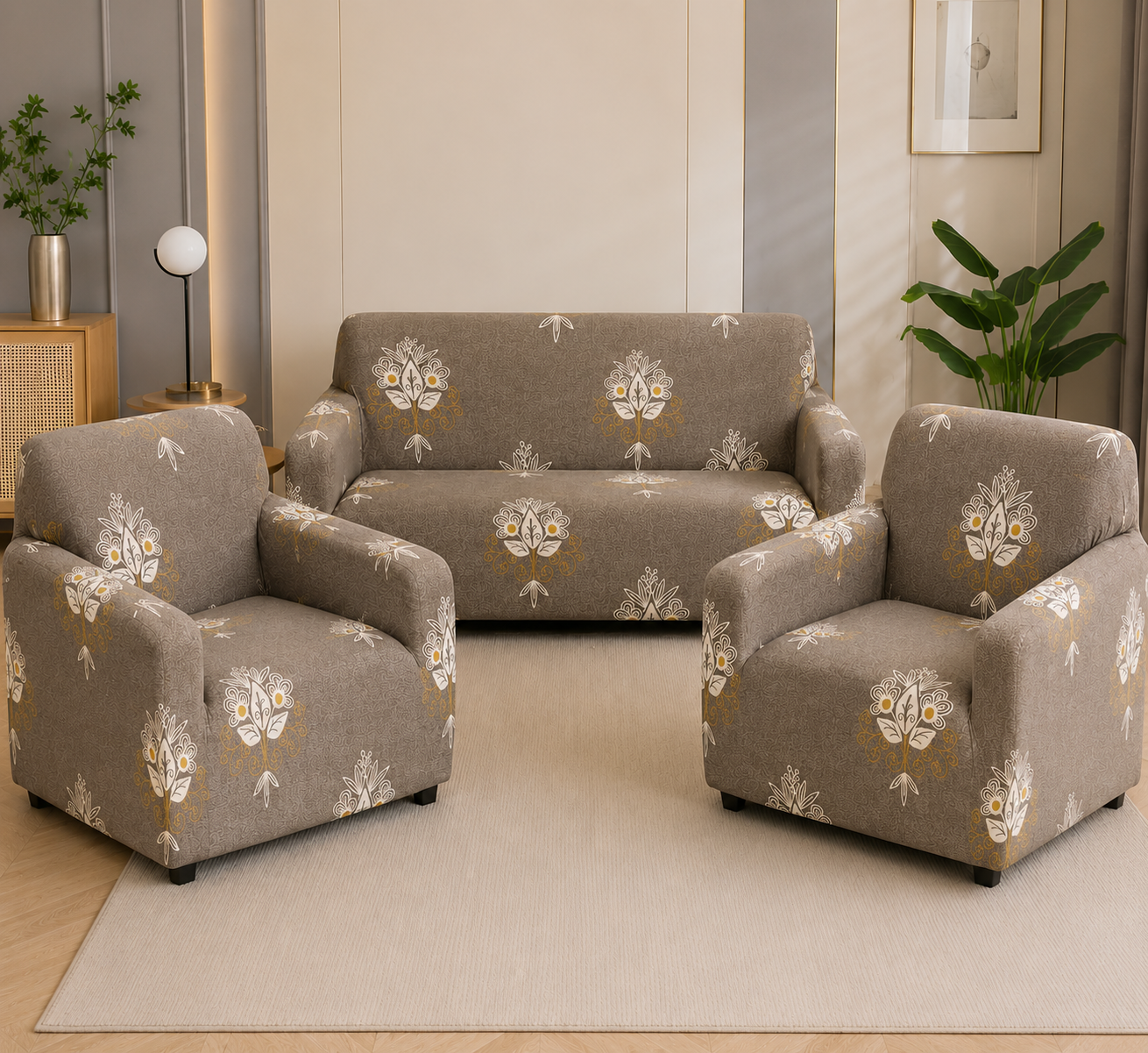 3-Piece Floral Print  | Sofa Cover Set (3+1+1 Seater) | 3-seater couch and two 1-seater armchairs | ornamental botanical design |