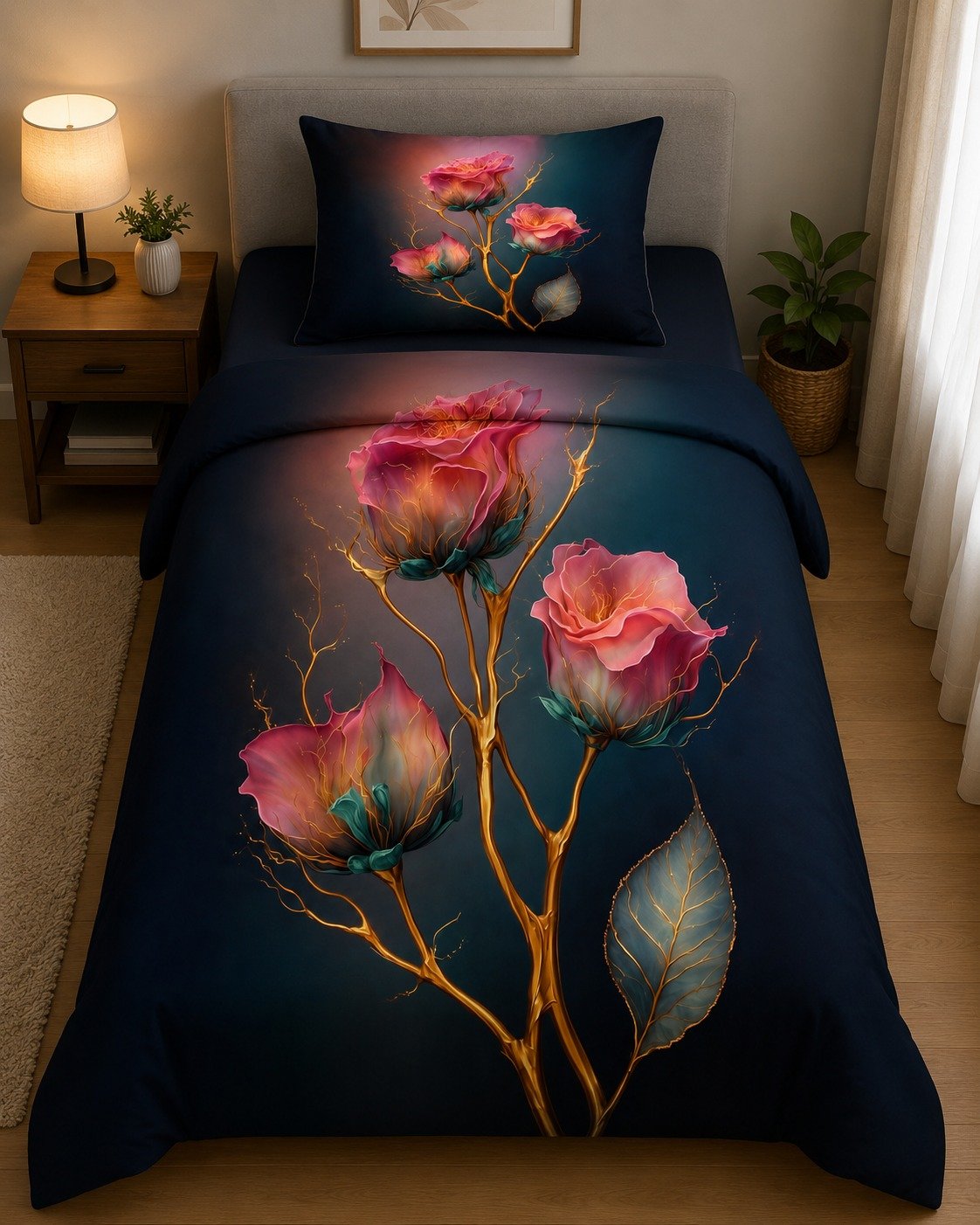 7D Bedsheet |Luminous Golden Rose Luxury Bedding Set with Matching Pillow Cover |  Luminous Golden Rose Bedding Set | Luxury Floral Duvet |  4/7 FT |