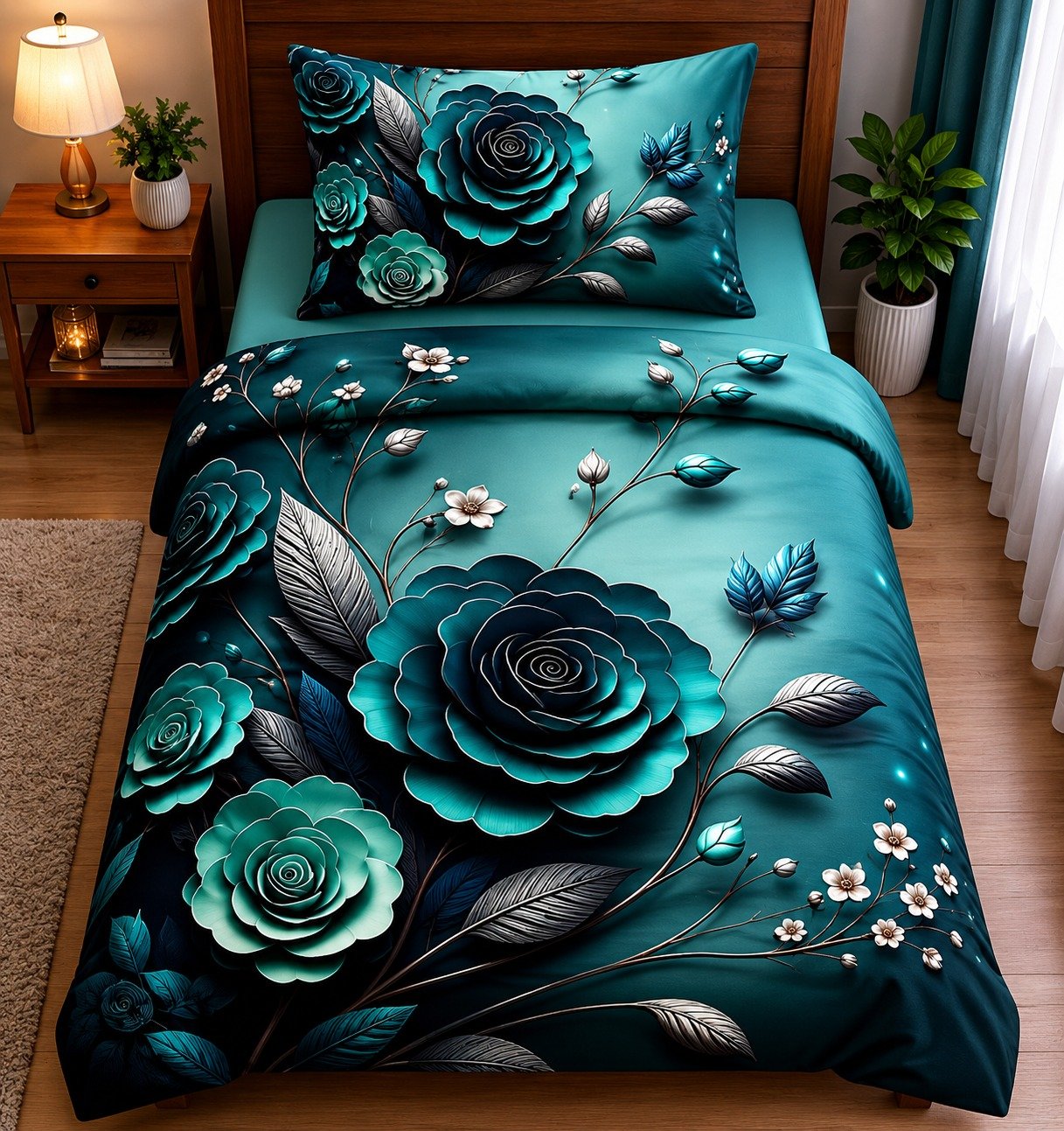 7D Bedsheet | 3D Teal Rose Bedding Set | Luxury Floral Duvet Cover | Ultra-soft fabric, vibrant floral design, and matching pillowcase | 4/7 FT |