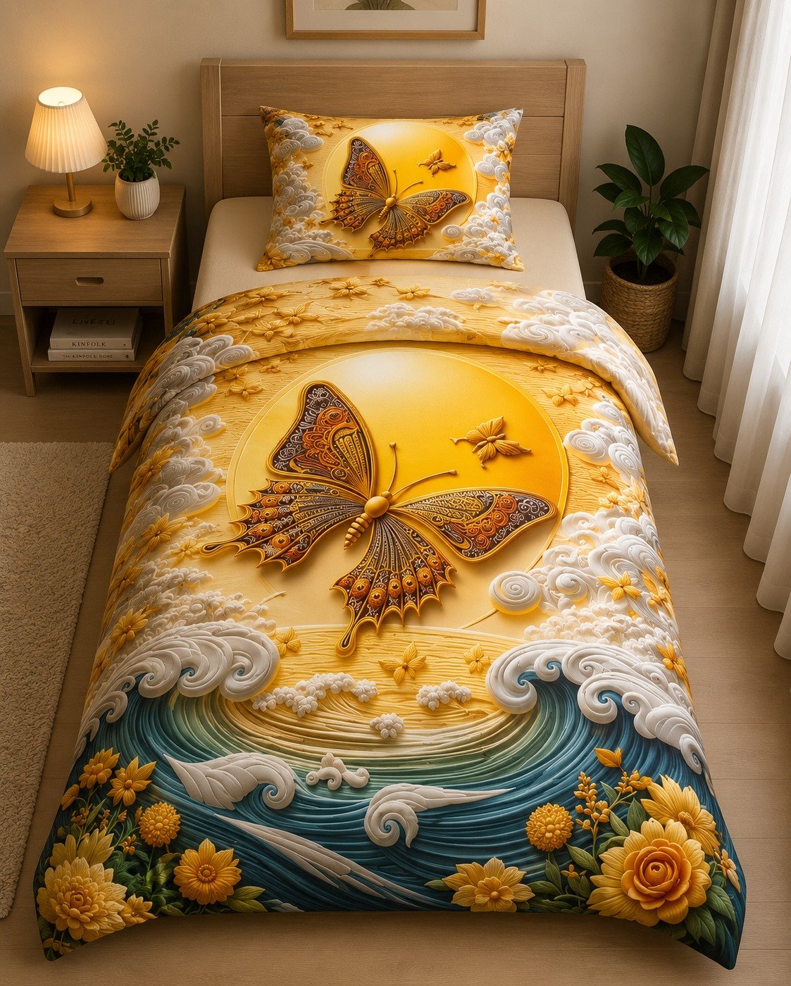 7D Bedsheet | Golden Butterfly 3D Bedding Set | Luxury Duvet Cover |  3D golden butterfly bedding set with wave and floral details. Includes ultra-soft duvet cover and matching pillowcase. | 4/7 FT |