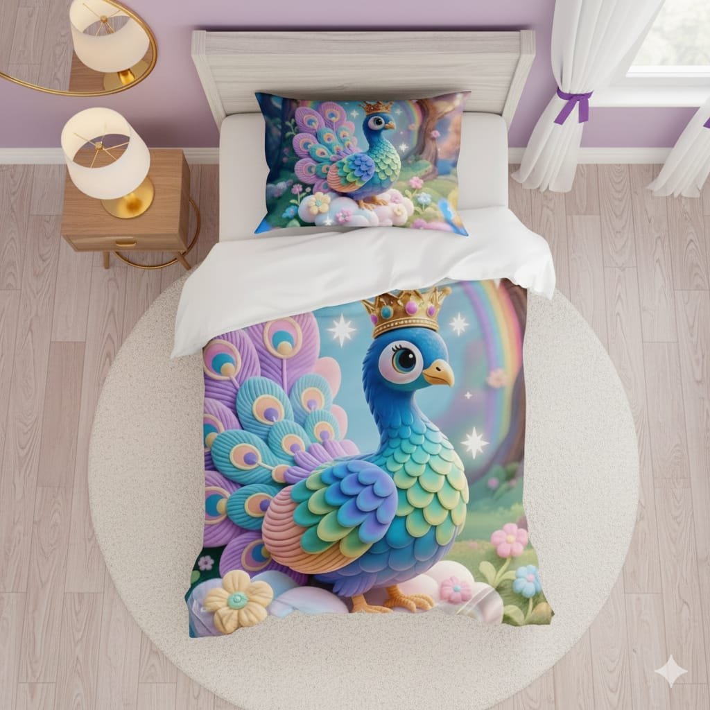 7D Bedsheet | 3D royal peacock duvet cover set. Ultra-soft microfiber fabric featuring a matching pillow cover for maximum comfort. | 4/7 FT |