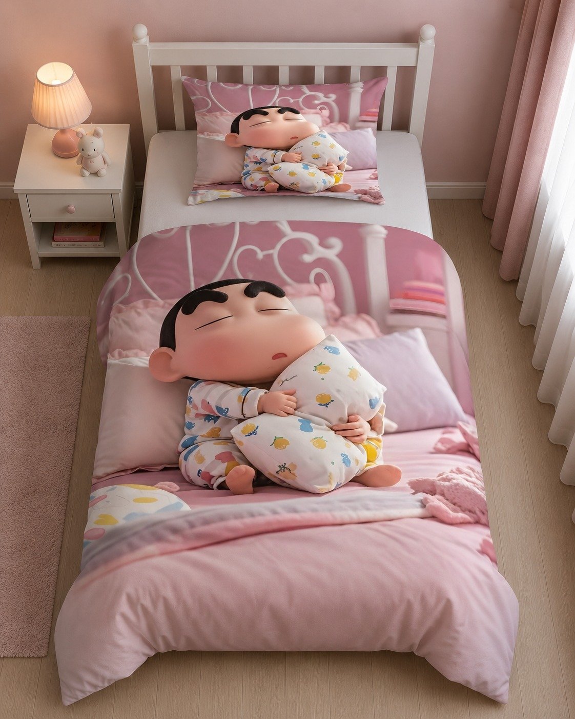 7D Bedsheet | Crayon Shin-chan sleeping 3D printed pink bedding set. Made from ultra-soft, breathable fabric for maximum comfort and style.| With cover |  4/7 FT |