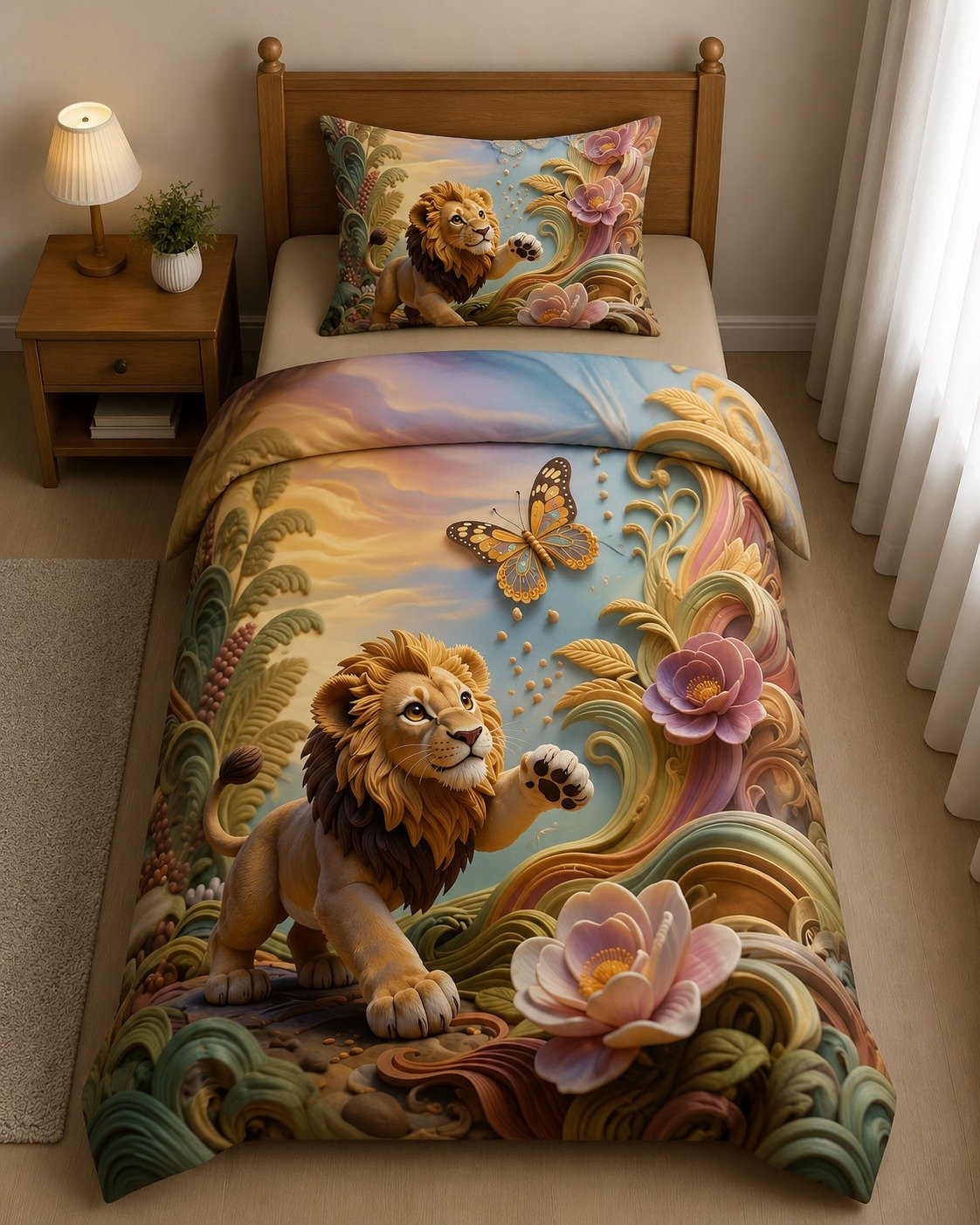 7D Bedsheet |  3D Lion &amp; Butterfly Fantasy Duvet Cover Set with Pillow cover | Complete with matching pillowcase. Soft, breathable, and vibrant. | 4/7 FT |