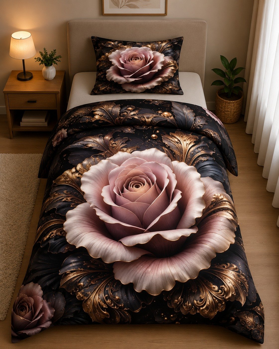 7D Bedsheet | Luxury 3D Rose Floral Duvet Cover Set | Romantic Bedding | With Pillow cover | 4/7 FT