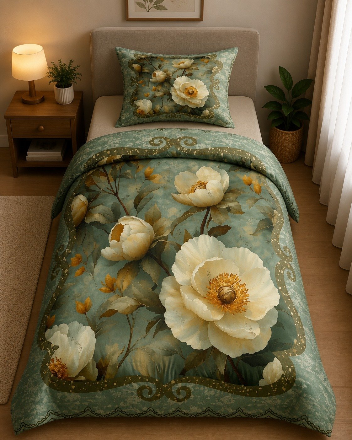 7D Bedsheet. Vintage Floral Sage Green Comforter Bedding Set with Pillow Sham.. Ultra-soft, breathable, and perfect for an elegant bedroom refresh. 4/7 FT .