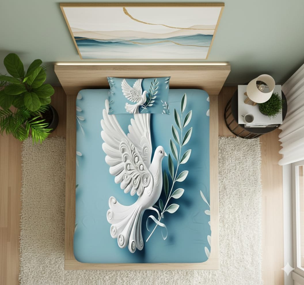 7D Bedsheet. 3D Peace Dove Printed Bedsheet Set | Soft Luxury Bedding . Bedsheet Set with Matching Pillow cover. |  4/7 FT .