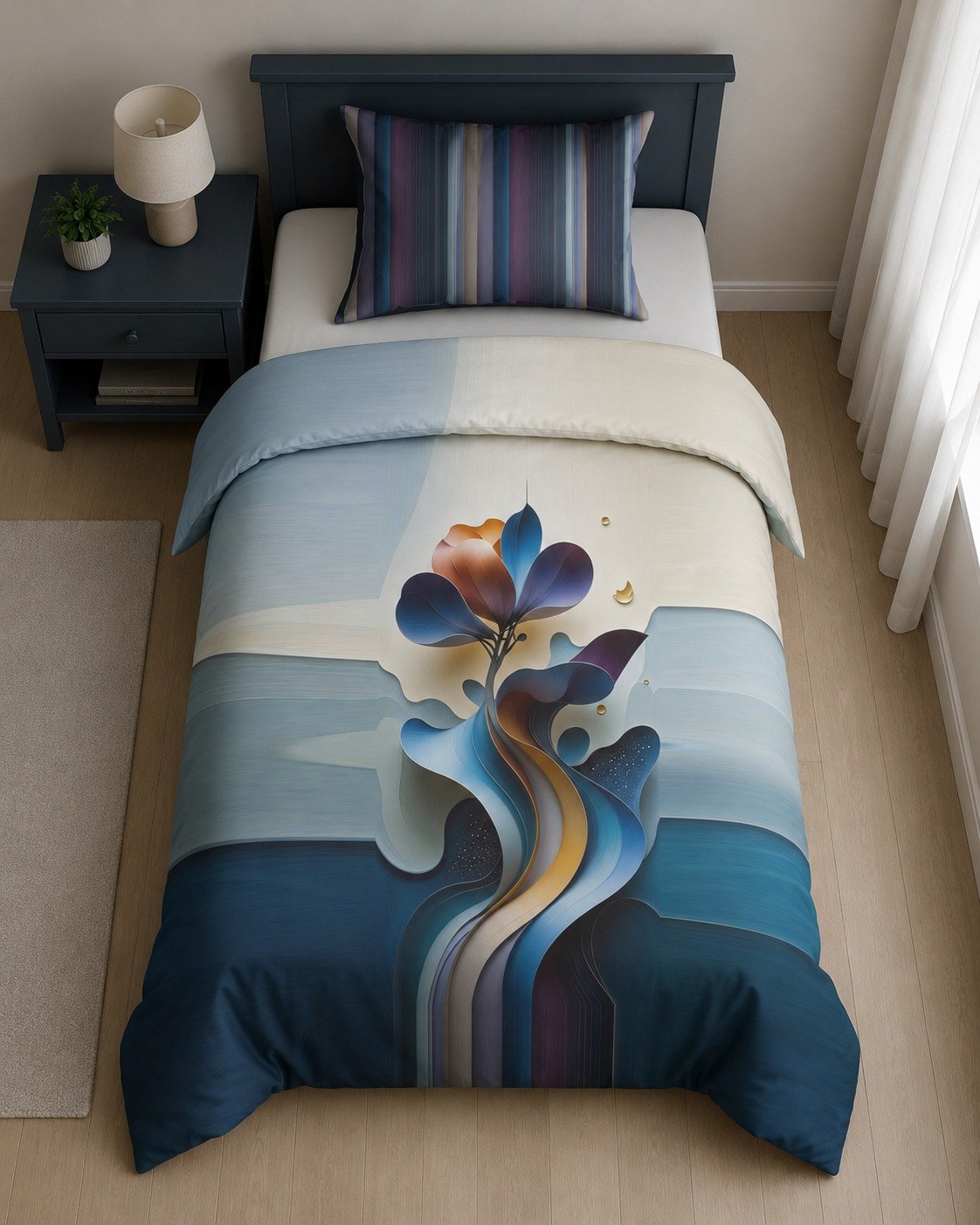 7D Bedsheet . Modern Abstract Floral Bedding Set with Pillow cover. 4/7 FT.
