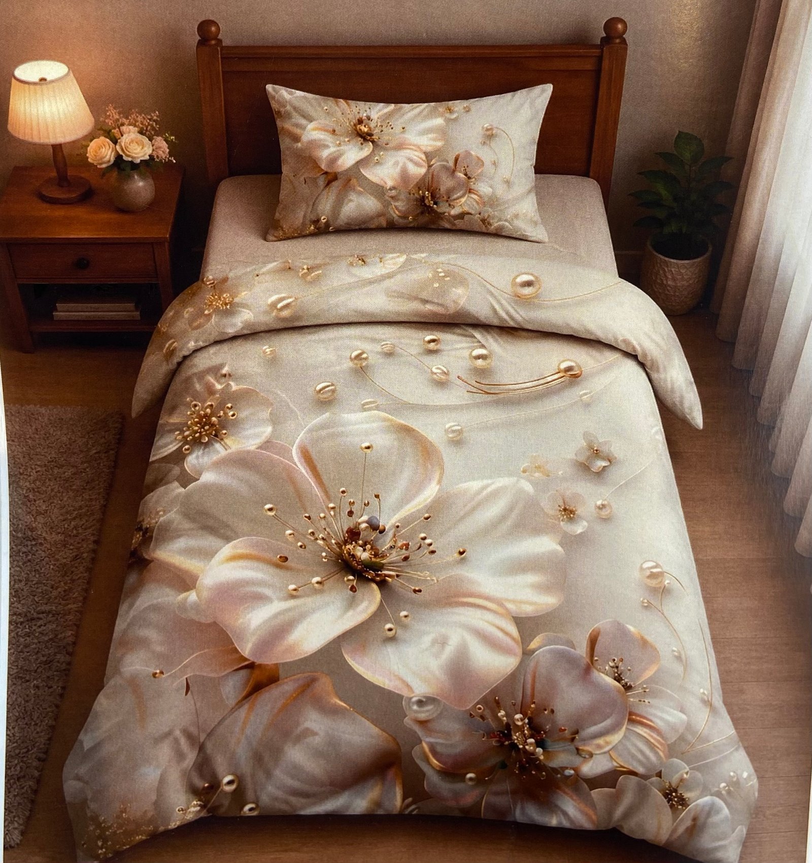 7D Bedsheet .  Floral Print Luxury Bed Sheet Set.  Size - 4/7 FT
