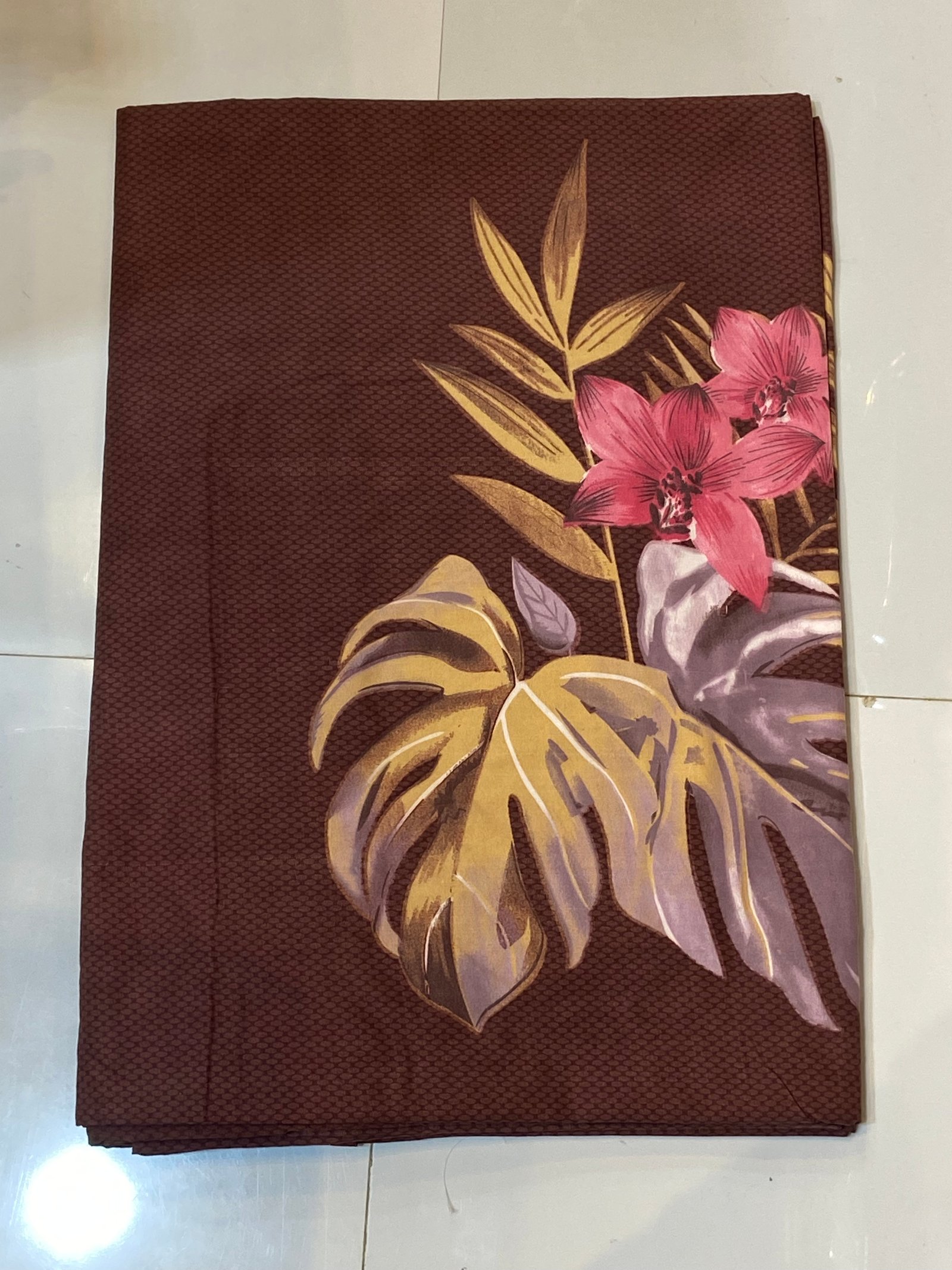 Tropical Floral &amp; Monstera Printed Brown Fabric | (7/8) BEDSHEETS |  | with pillow covers | regular use |