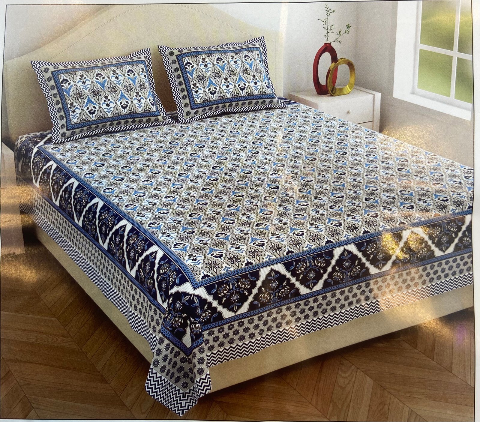 Blue and Grey Ethnic Print Double Bedsheet Set with Pillow Covers |Jaipur cotton bedsheets | 7/8 FT | (WITH 2 PILLOW COVERS )
