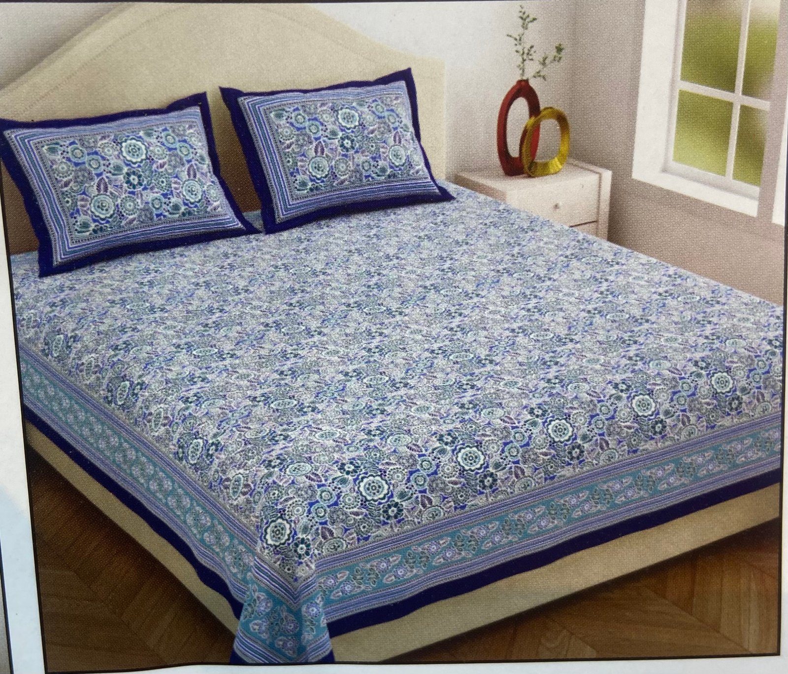 Jaipur | Blue Floral Block Print Double Bedsheet Set with Pillow Covers |JAIPUR COTTON BEDSHEETS |  7/8 FT |  (WITH 2 PILLOW COVERS )