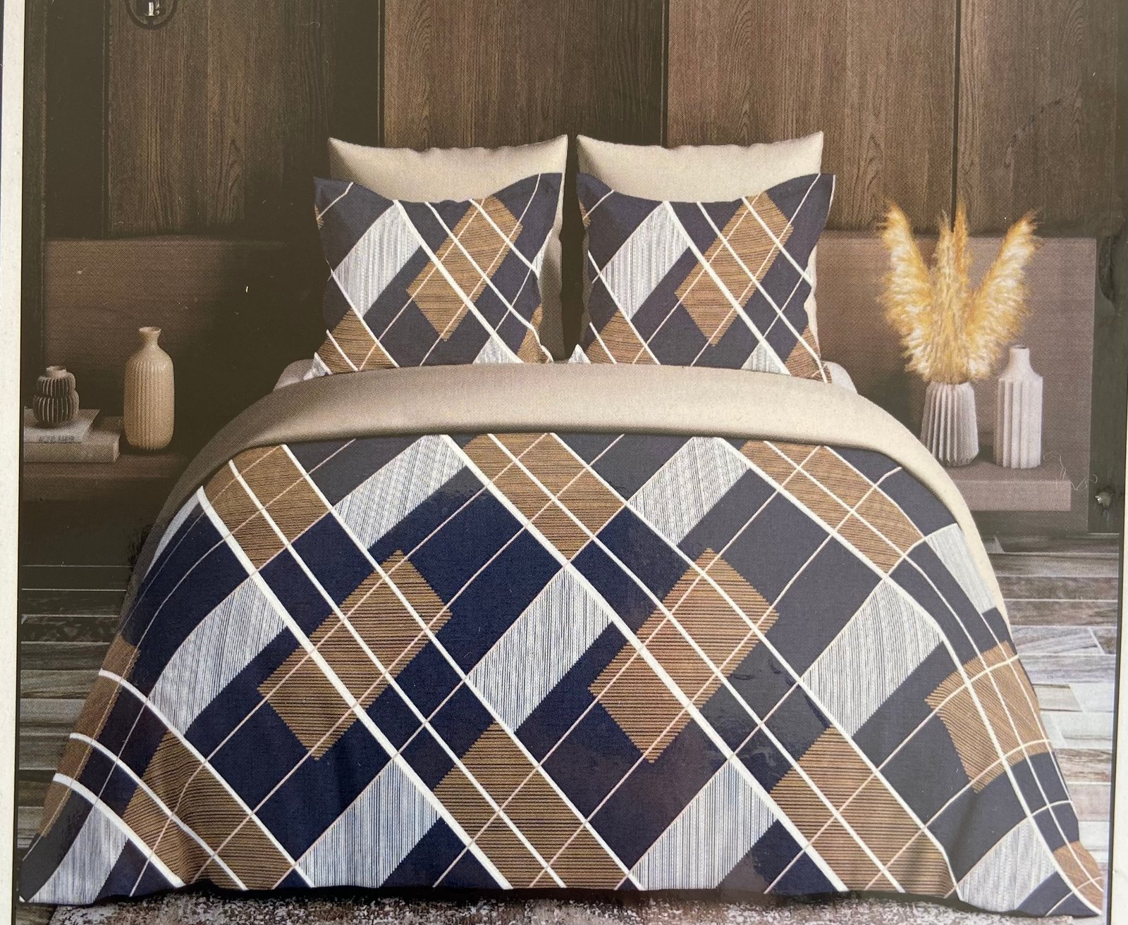 Modern Navy and Tan Geometric Plaid Duvet Cover Bedding Set | with smooth finish |  | 7/8 FT | (WITH 2 PILLOW COVERS ) / HIGH QUALITY / BEST OFFER :- 1199 (3 BEDSHEETS + 6 PILLOW COVERS )