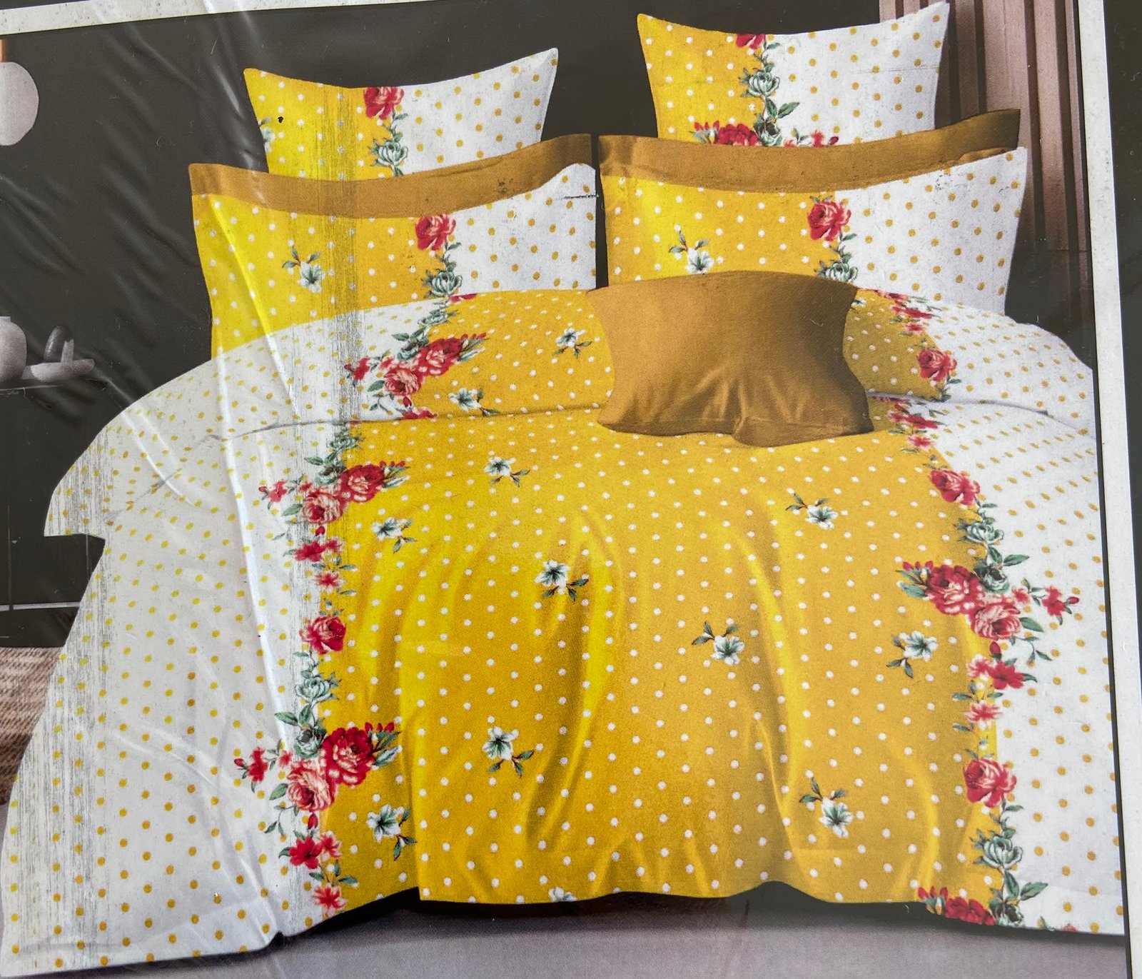 Vibrant Floral and Polka Dot YELLOW Bedding Set with Pillow Covers | 7/8 FT | (WITH 2 PILLOW COVERS ) / HIGH QUALITY / BEST OFFER :- 1199 (3 BEDSHEETS + 6 PILLOW COVERS ) |