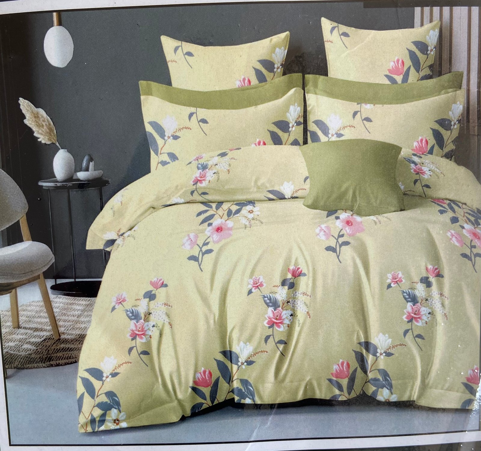 Elegant Green , Pastel Yellow Floral Printed Bedding with Pillowcase Set | | 7/8 FT | (WITH 2 PILLOW COVERS ) / HIGH QUALITY / BEST OFFER :- 1199 (3 BEDSHEETS + 6 PILLOW COVERS )