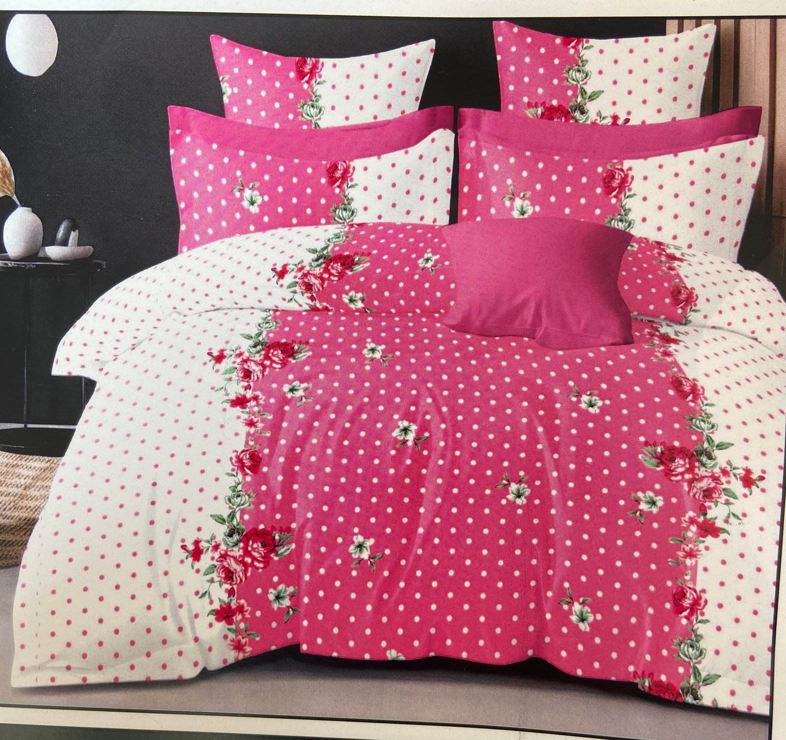 Pink Polka Dot with Floral Printed Bedding Set | 7/8 FT | (WITH 2 PILLOW COVERS ) / HIGH QUALITY / BEST OFFER :- 1199 (3 BEDSHEETS + 6 PILLOW COVERS )