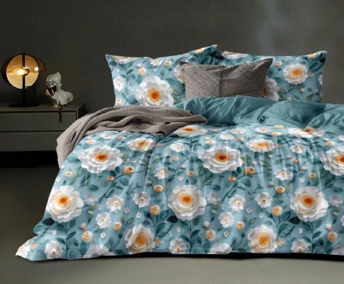 Luxury Floral Pattern Duvet Cover | realistic white and yellow rose motifs set against a soothing teal-blue canvas | 3D Bedsheet Floral | size - 7/8 ft | with 2 - pillow covers
