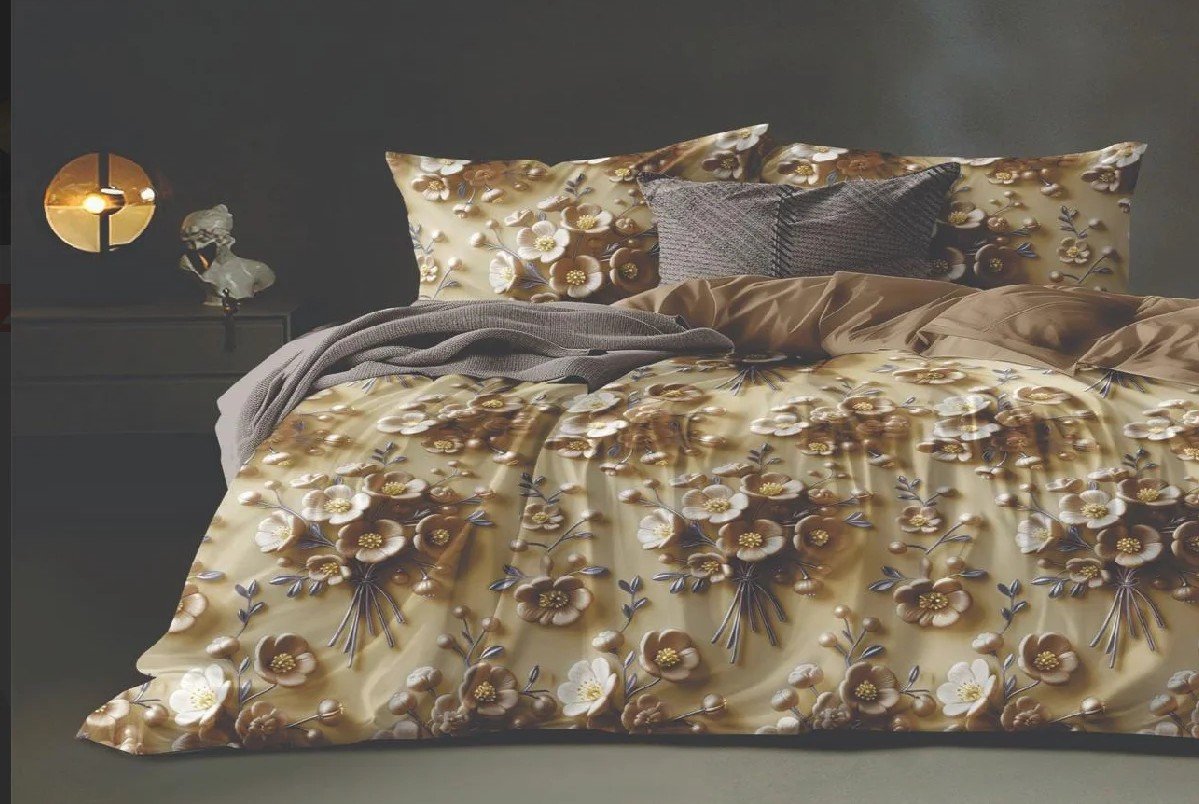 3D golden floral bedding set | floral bouquet motif set against a rich golden-beige | 3D Bedsheet Floral | size - 7/8 ft | with 2 - pillow covers |