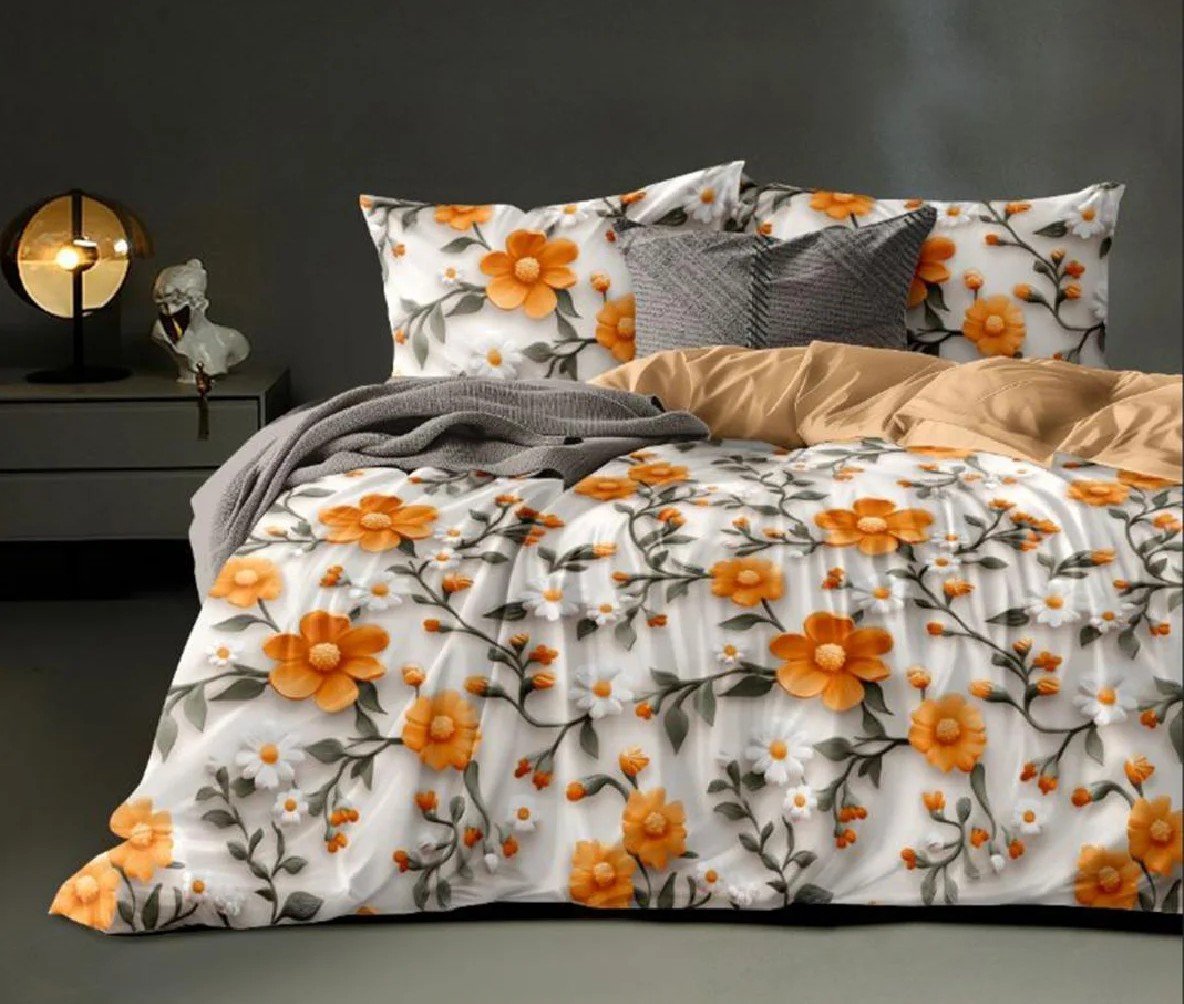Vibrant Orange Floral Printed | blossoms and delicate green foliage against a crisp white background | 3D Bedsheet Floral | size - 7/8 ft | with 2 - pillow covers |