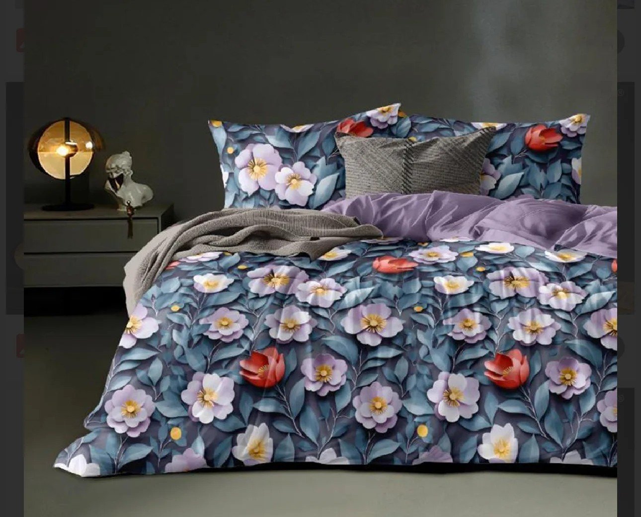 Floral Bloom Luxury Bedding Set | Featuring a rich botanical design | vibrant lavender, white, and red floral blooms, a deep leaf canopy | 3D Bedsheet Floral | size - 7/8 ft | with 2 - pillow covers |